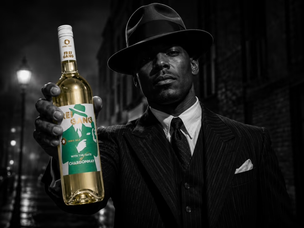 Weinetikett »Freigang« Chardonnay alkoholfrei für Schloss Wachenheim – Gangster im Trenchcoat hält die Flasche in die Kamera