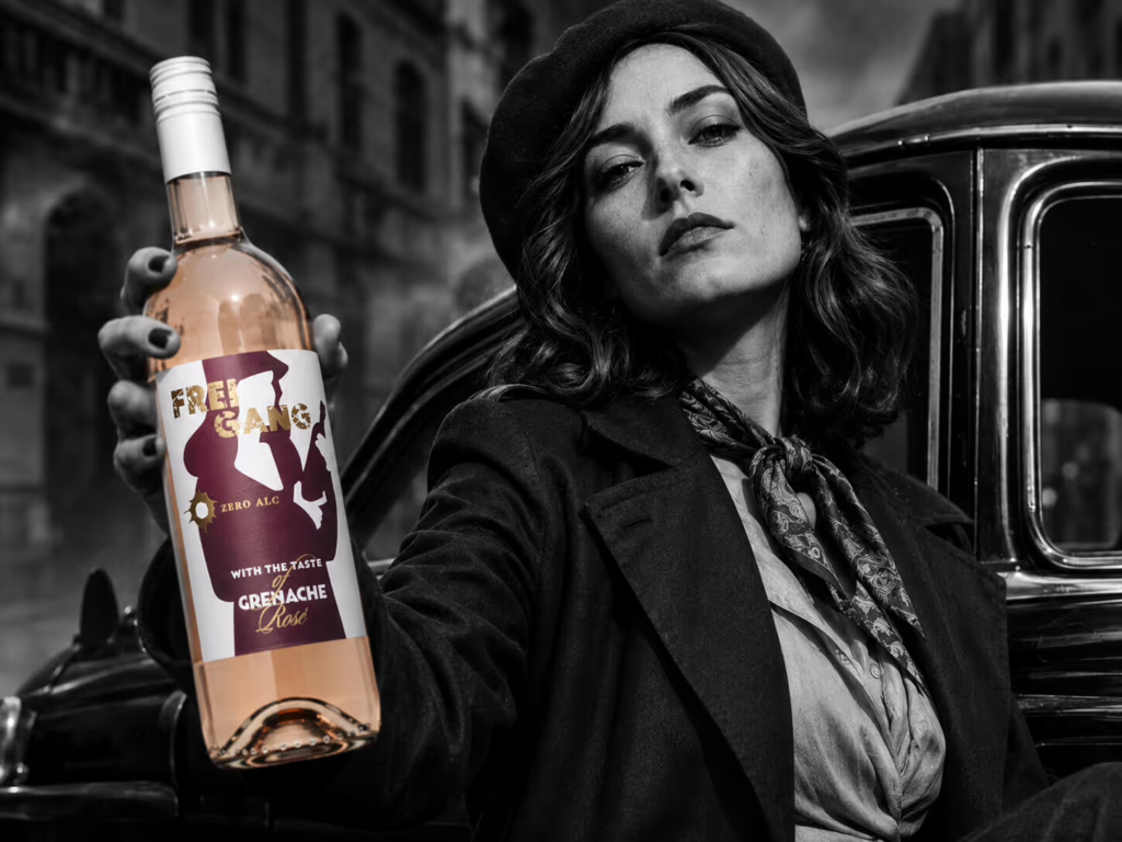 Weinetikett »Freigang« Grenache Rosé alkoholfrei für Schloss Wachenheim – Gangsterin am Oldtimer hält die Flasche in die Kamera