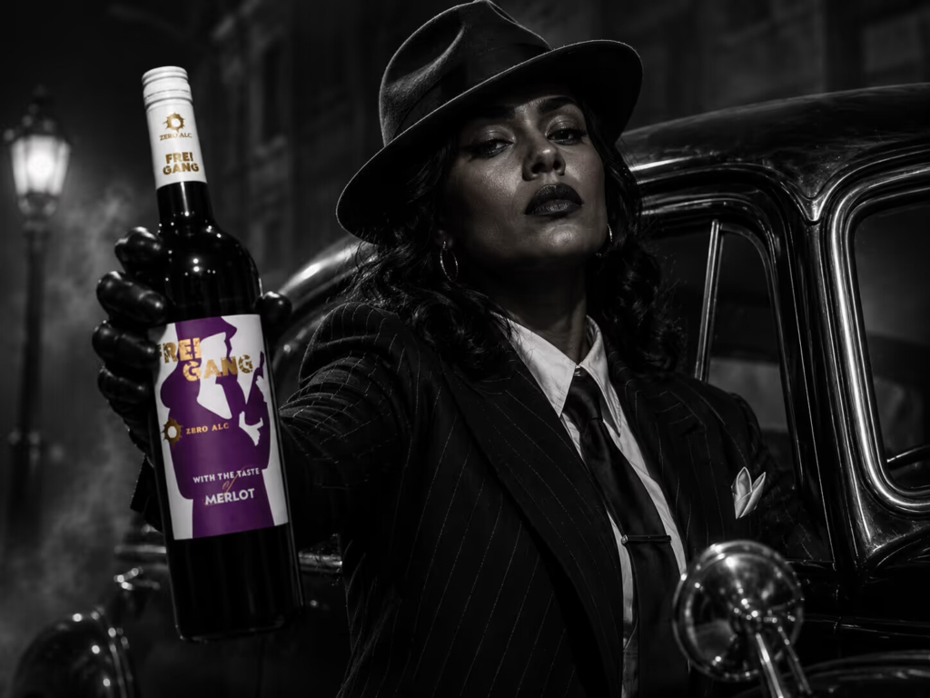 Weinetikett »Freigang« Merlot alkoholfrei für Schloss Wachenheim – Gangsterin am Oldtimer hält die Flasche in die Kamera