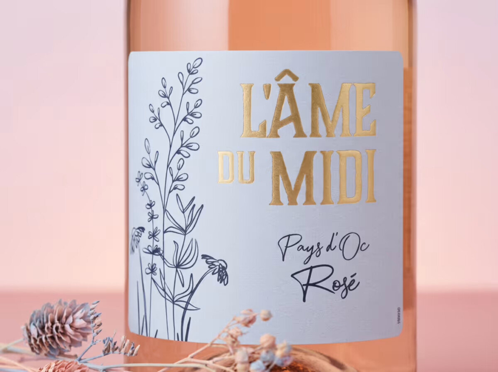 Weinetikett »L’Âme du Midi« Rosé – Detailaufnahme mit botanischer Illustration und Golddruck