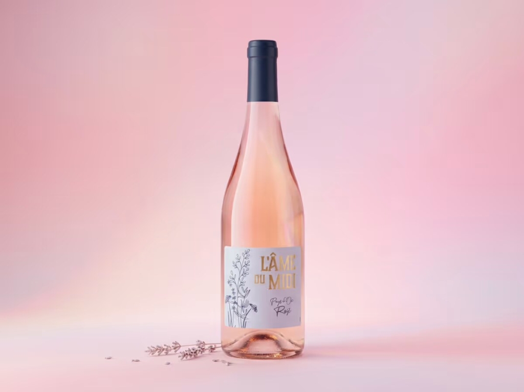 Weinetikett »L’Âme du Midi« Rosé – freigestellte Flasche vor rosafarbenem Hintergrund