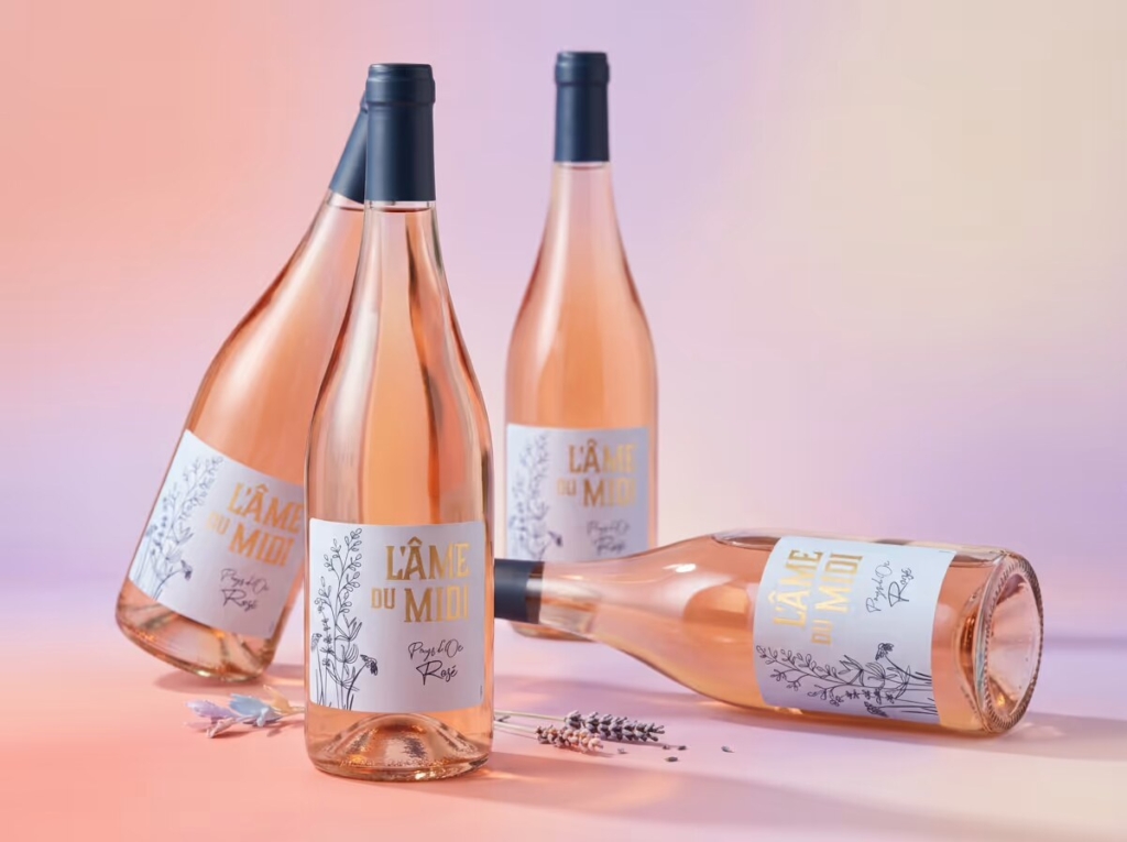 Weinetikett »L’Âme du Midi« Rosé – mehrere Flaschen mit Lavendelzweigen im Studio-Setup