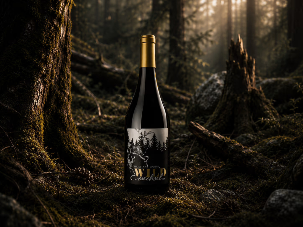 Weinetiketten-Design »Wildwechsel« Rot für Weingut Spohr – Hirsch-Illustration auf schwarzem Etikett