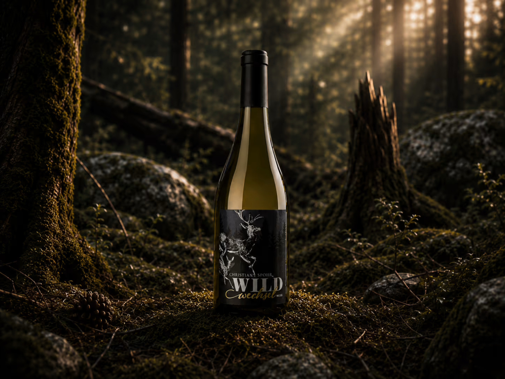 Weinetiketten-Design »Wildwechsel« Weiß für Weingut Spohr – Hirsch-Illustration auf schwarzem Etikett