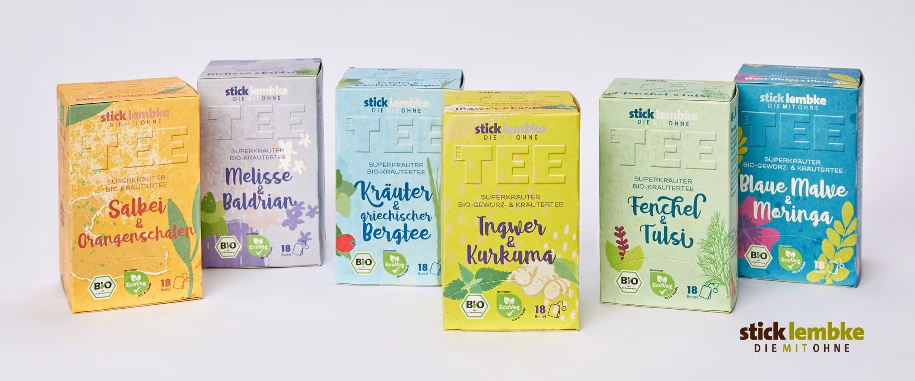 Superkräuter Bio-Kräutertee Verpackungsdesign – die sechs Sorten von Manu de Assis