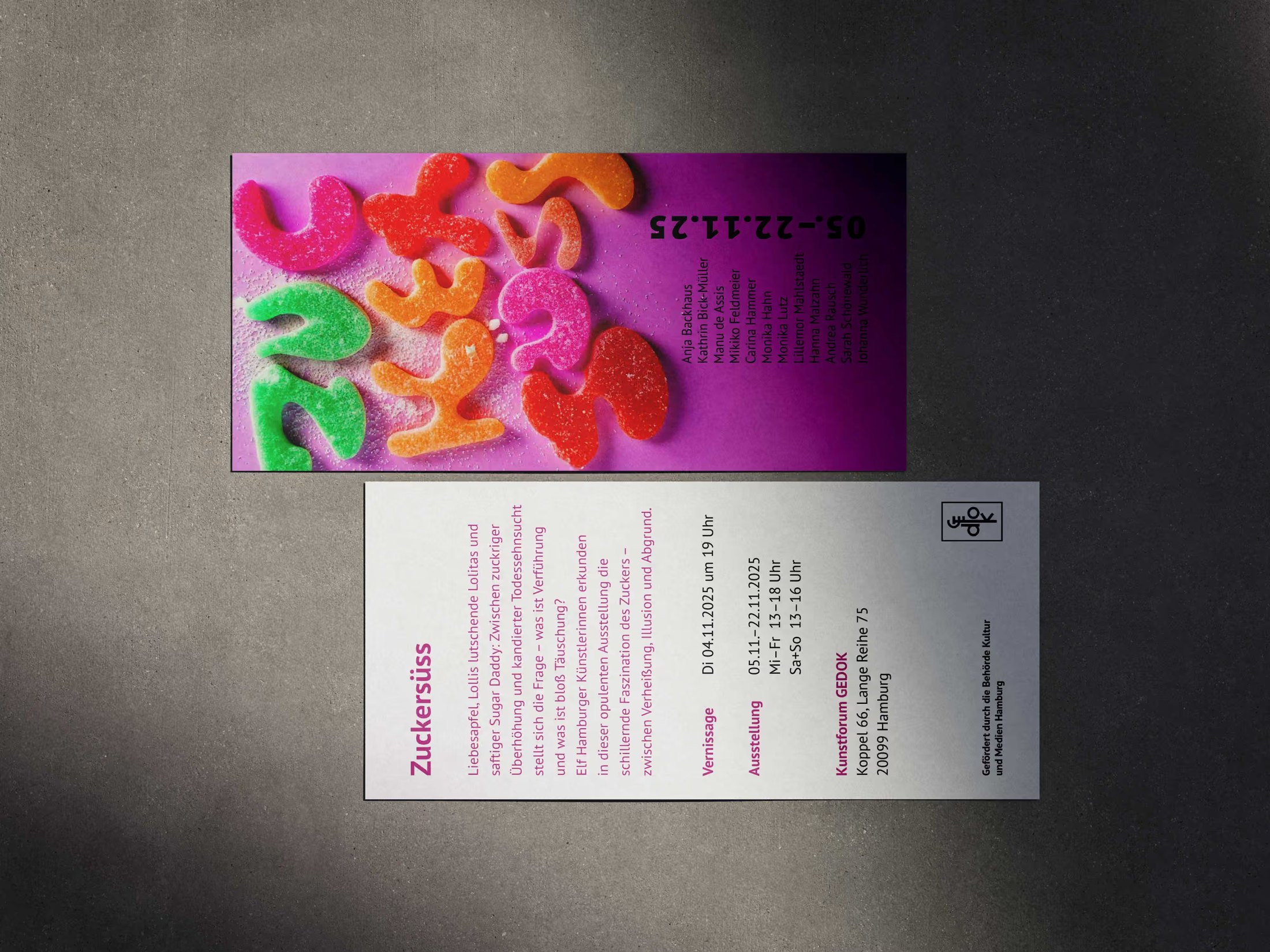Flyer »Zuckersüß« der GEDOK Hamburg, Vorder- und Rückseite – Flyerdesign von Manu de Assis