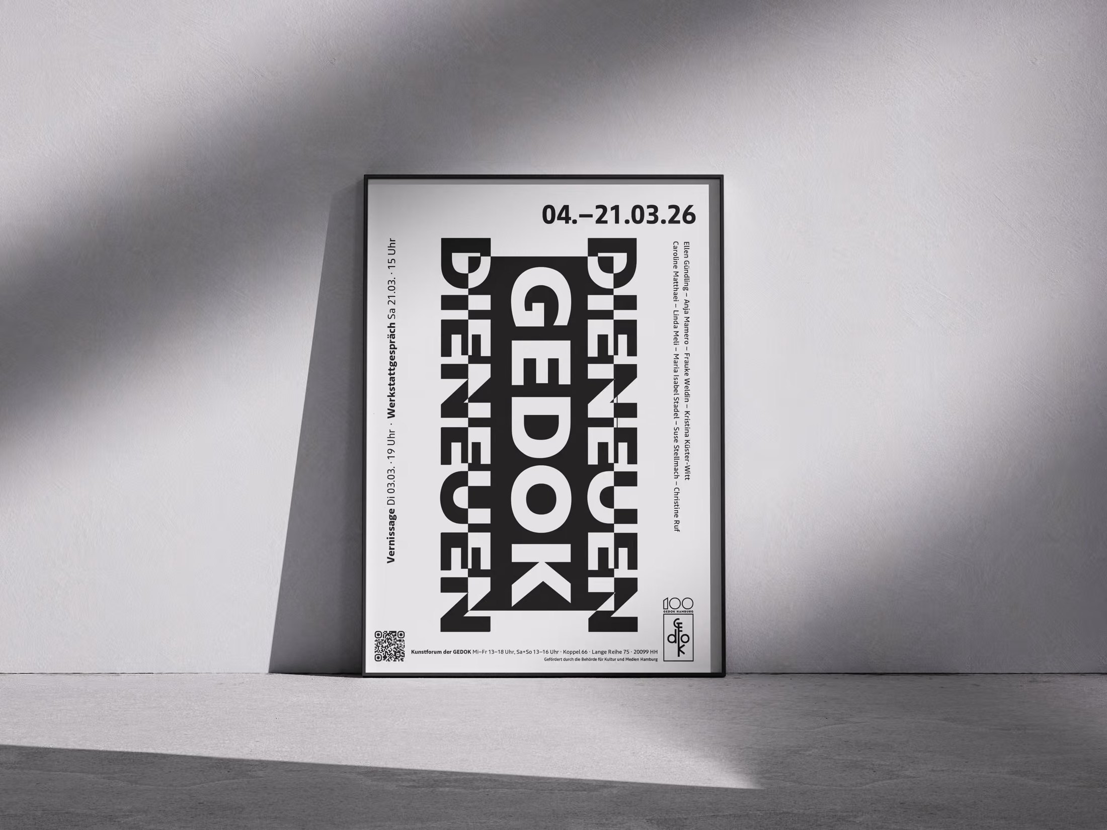 Plakat »Die Neuen« der GEDOK Hamburg mit Ausstellungsdaten und Künstlerinnen – Typografie-Design von Manu de Assis