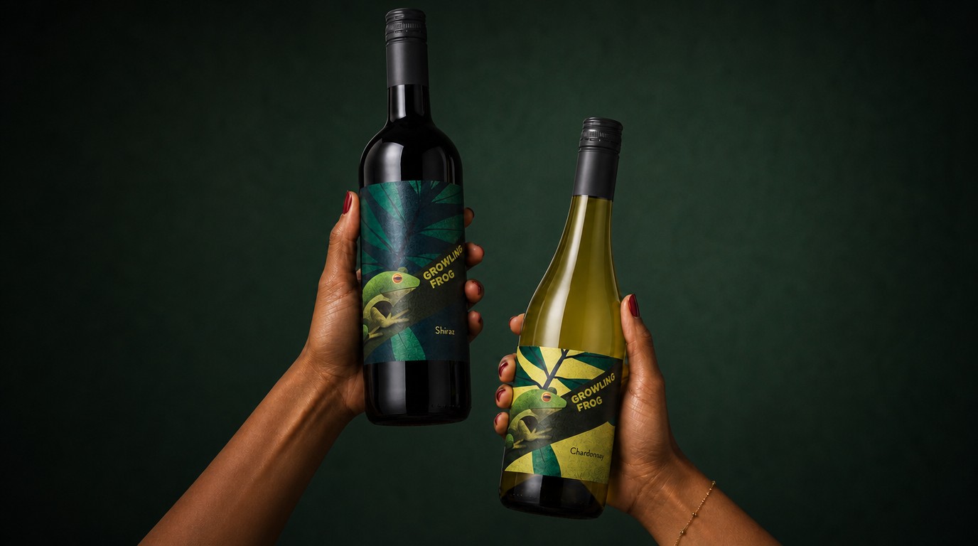 Rótulos de vinho “Growling Frog” Shiraz e Chardonnay da Scotts Creek – Ilustração e arte-final por Manu de Assis